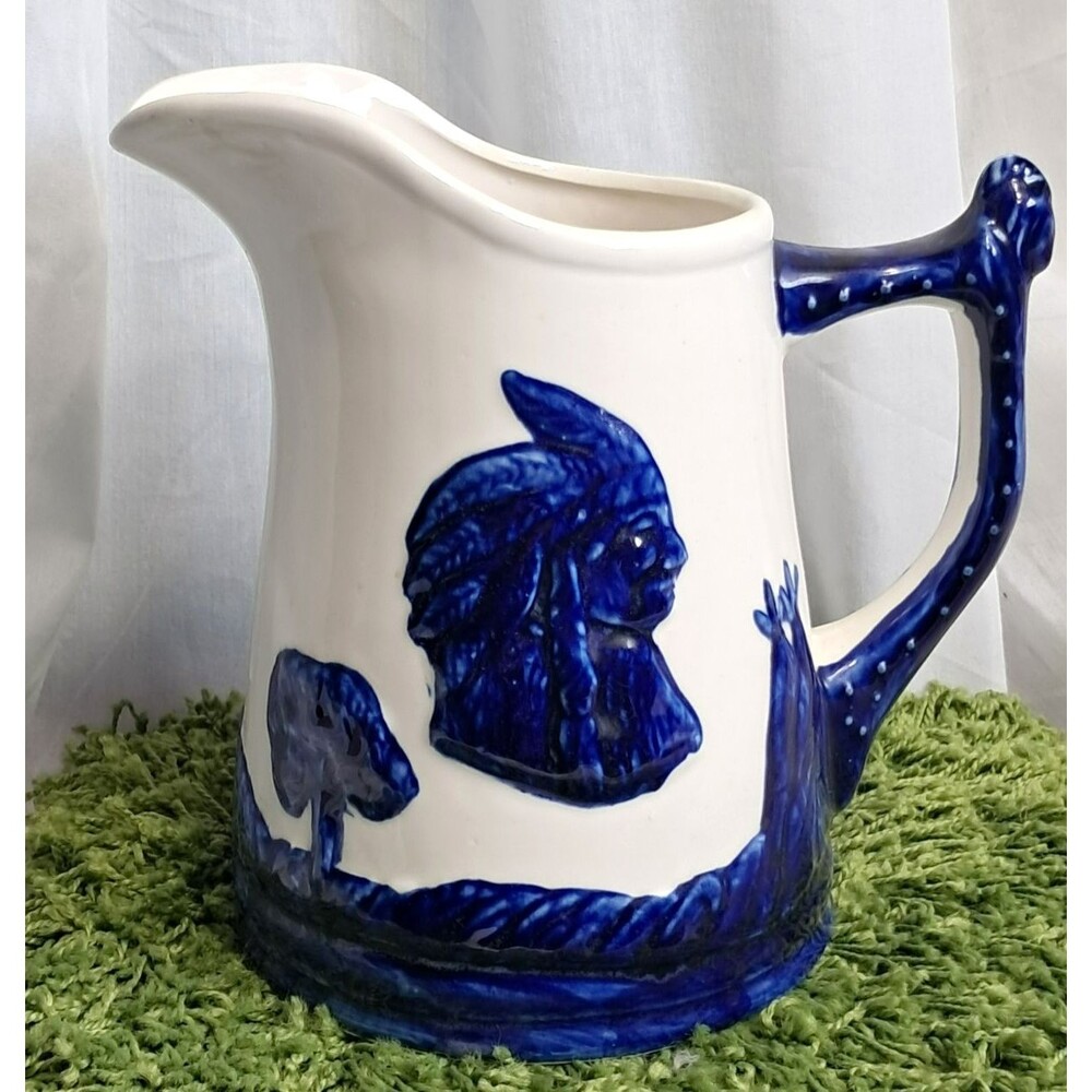 Vintage Pitcher Old Sleepy Eye Blue and White Pottery American Indian Teepee 9"